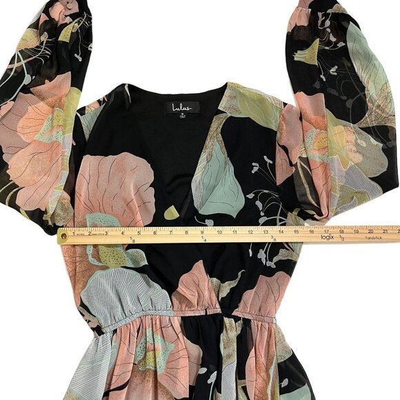 Lulus Wondrous Water Lilies Black Floral Print V-Neck‎ Slit Maxi Dress Sz Small - Picture 12 of 14